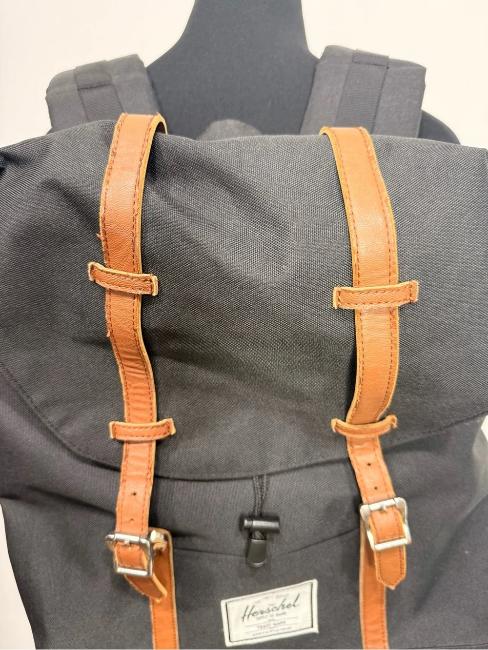 Hershel Retreat Backpack in Black Brown Saddle Canvas with Interior Red Stripe